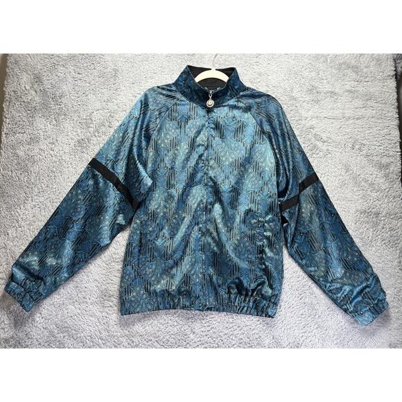 Urban Outfitters Bomber Zip Up Jacket Small Blue Teal Gold Satin Feel‎ Paisley - Picture 1 of 9
